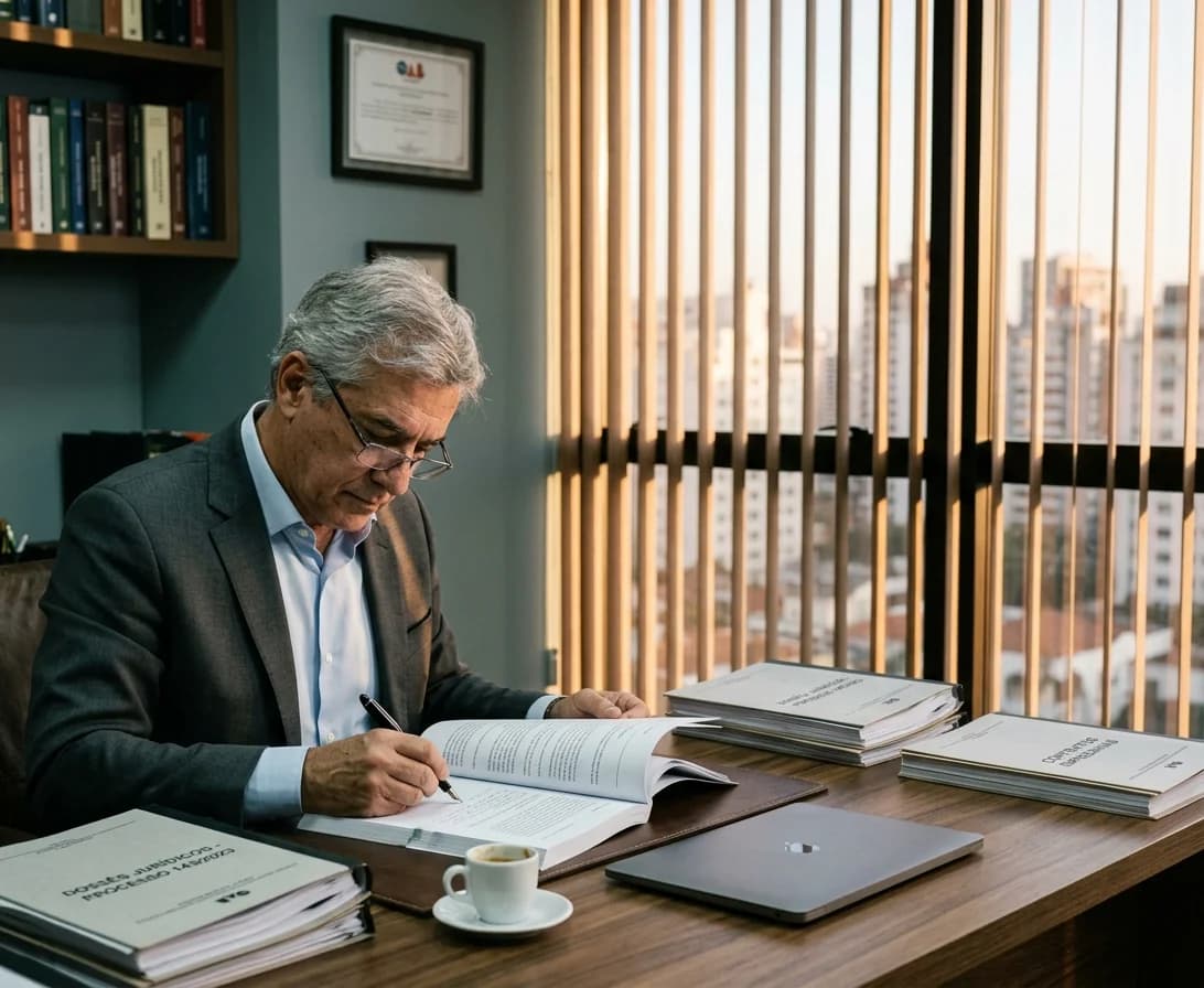 Advogado revisando volumes de um processo em seu escritório, ao fim da tarde.